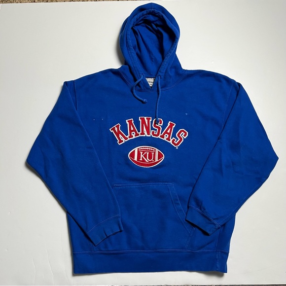 002 - VINTAGE 90s UNIVERSITY OF KANSAS JAYHAWKS FOOTBALL SWEATSHIRT HOODIE - Picture 1 of 6